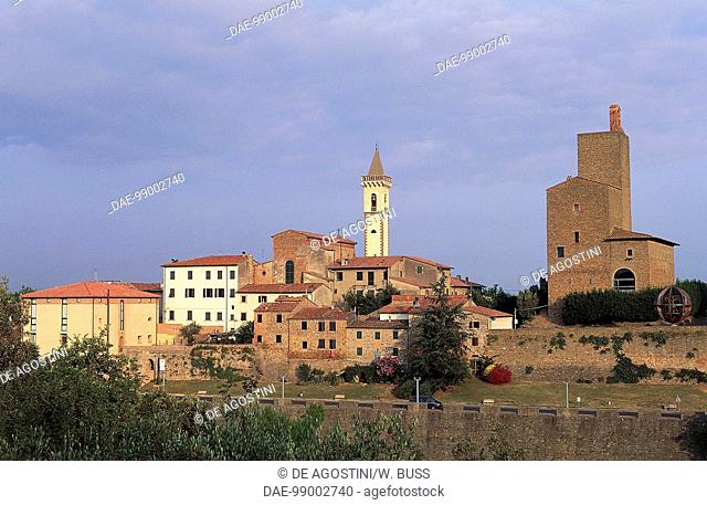 View of Vinci with the Church of St Croce and Guidi castle in the background, Tuscany, Italy