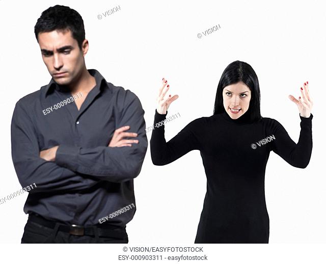 young couple on white background having a dispute