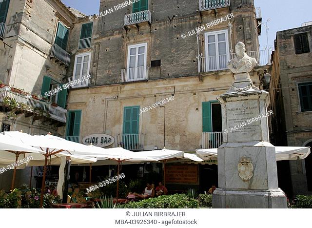 Italy, Calabria, Tropea, house-facades, cafe, statue, Pasquale Galluppi, South-Italy, Mediterranean, coast-place, houses, residences, restaurant, cafe, bar