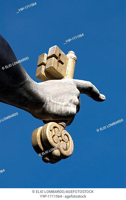 Detail of Saint Peter's Statue Holding Key to Heaven, Saint Peter's Square, Vatican City, Rome  Italy