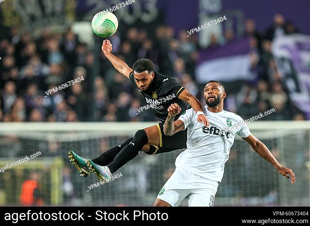 Anderlecht's Killian Sardella and Ludogorets' Thiago fight for the ball during a soccer game between Belgian RSC Anderlecht and Bulgarian PFC Ludogorets Razgrad