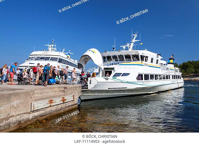 Ferry and ferry dock of the island of Finnhamn, Stockholm archipelago, Uppland, Stockholms land, South Sweden, Sweden, Scandinavia, Northern Europe