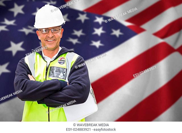 Composite image of worker wearing hard hat in warehouse