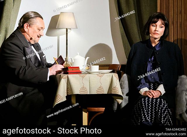 RUSSIA, MOSCOW - OCTOBER 16, 2023: Actors Alexander Klyukvin (L) as Hercule Poirot and Marina Zudina as Greta Ohlsson perform in a scene during a press preview...