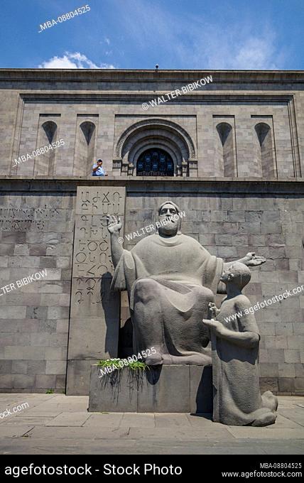 Armenia, Yerevan, Matenadaran Library, statue of St. Mesrop Mashtots, founder of the Armenian alphabet