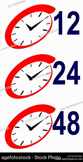 Illustration of 12 24 48 hour sign and clock isolated on white background done in retro style
