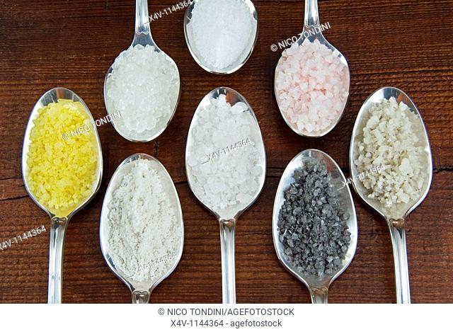Different types of salt, From left clockwise: Lemon salt, Dead Sea coarse salt, Italian fine sea salt, Himalayan coarse pink salt