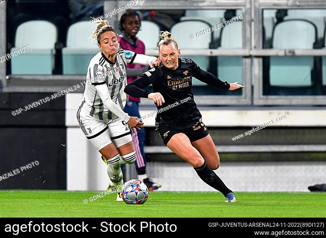 Turin, Italy. 24th, November 2022. Stina Blackstenius (25) of Arsenal and Martina Rosucci (8) of Juventus seen in the UEFA Women’s Champions League match...