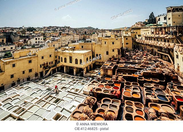 Scenic view of leather tannery dye pits, Fes, Morocco
