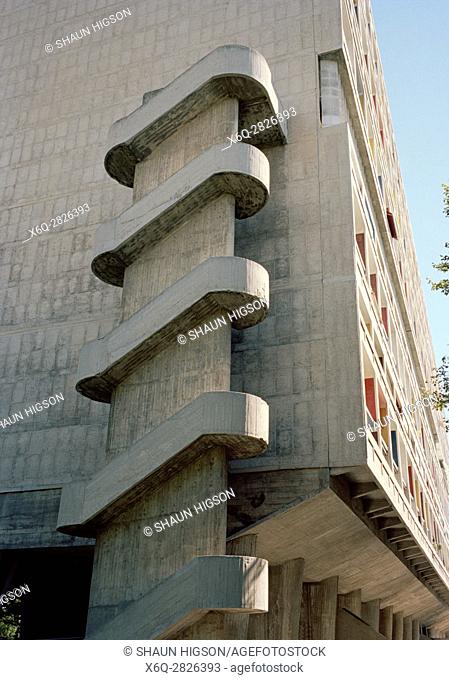 External staircase at the Unite d'habitation in Marseille in Provence in Bouches du Rhone in France in Europe. Architect Le Corbusier