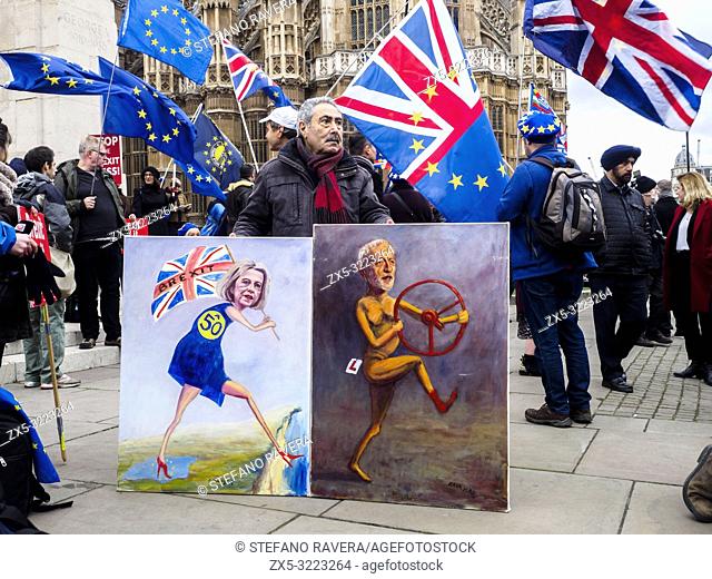 London 15 January 2019 - Leave and Remain supporters gather outside Parliament ahead of the crucial Brexit vote - London, England