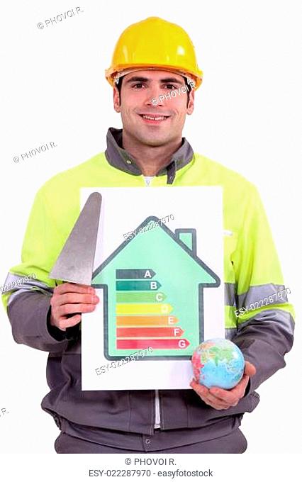 Man holding globe and energy efficiency logo