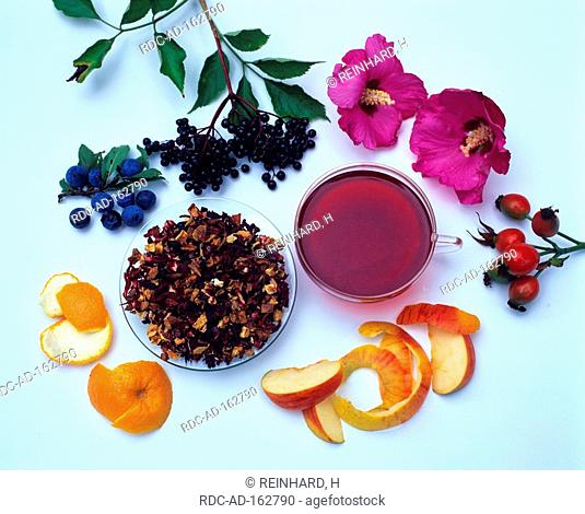 Fruit tea made of Elder berries Marshmallow blossoms Rose hips Apple Orange peel and Blackthorn berries