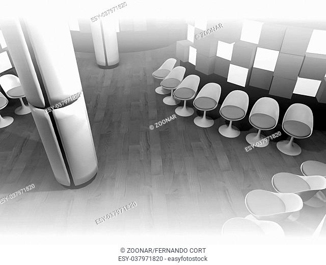 waiting room with chairs in hospital, clean room with shapes in 3d, business space and work
