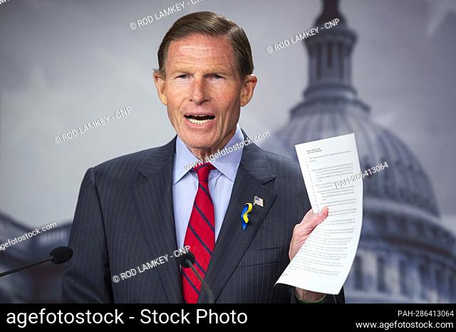 United States Senator Richard Blumenthal (Democrat of Connecticut) offers remarks designating Russia as a State Sponsor of Terrorism during a press conference...