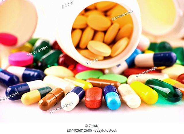 Composition with variety of drug pills and containers