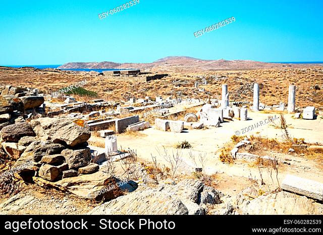 in delos  greece  the historycal acropolis and     old ruin site