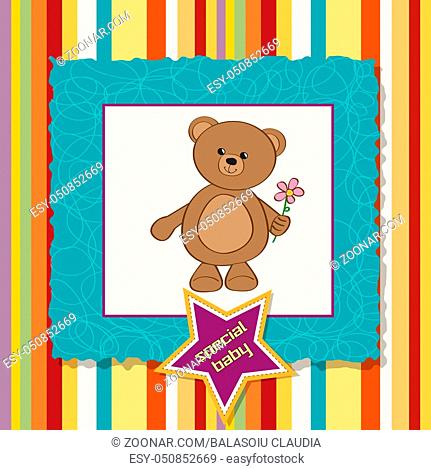 baby announcement card with teddy bear and flower