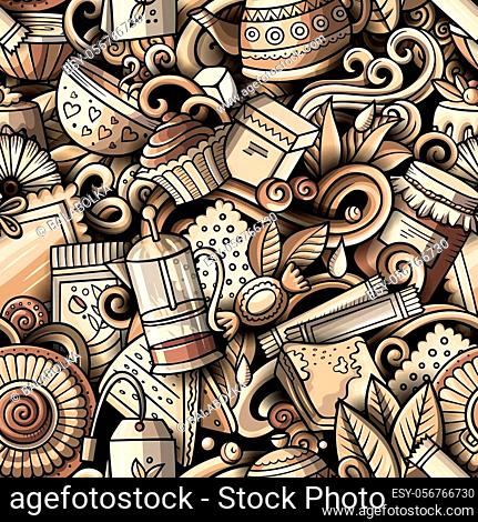 Cartoon cute doodles hand drawn Tea House seamless pattern. Monochrome detailed, with lots of objects background. Endless funny illustration