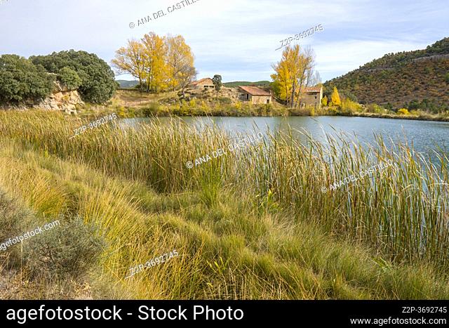 Autumn in Gudar mountains Teruel Aragon Spain The new pond in Mora de Rubielos