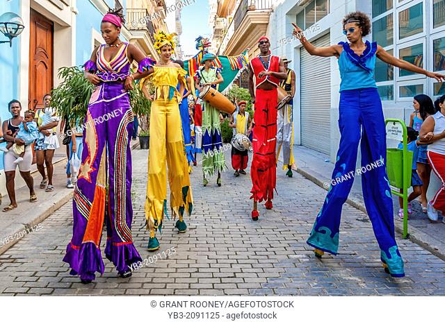Street Entertainers Dancing On Stilts, Old Havana, Havana, Cuba