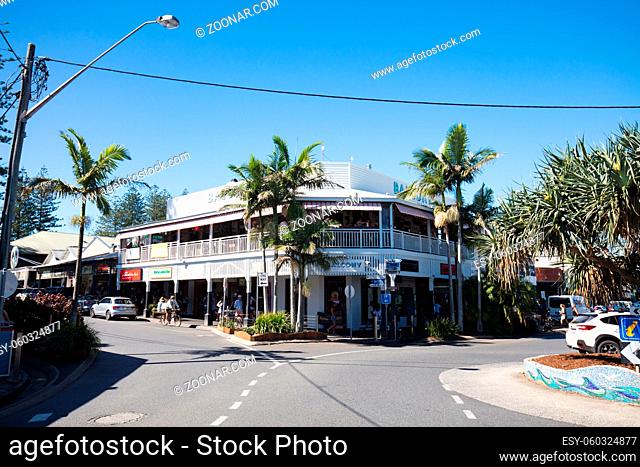 BYRON BAY, AUSTRALIA - April 9 2018: Byron Bay town centre on a warm autumn day during holidays in NSW Australia