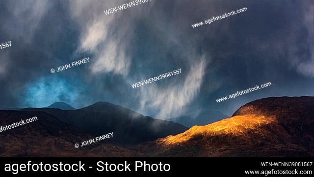 Stormy and wintery weather across the Scottish Highlands with dramatic squalls and snowy mountains captured in these atmospheric images Featuring: Inversanda...