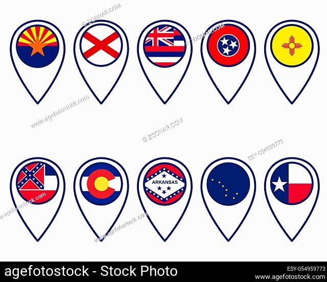 Fahnen amerikanischer Länder in Pins - Flags of the United States in locator pins