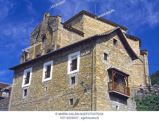 Facade of house and San Pedro church. Siresa, Huesca province, Aragon, Spain