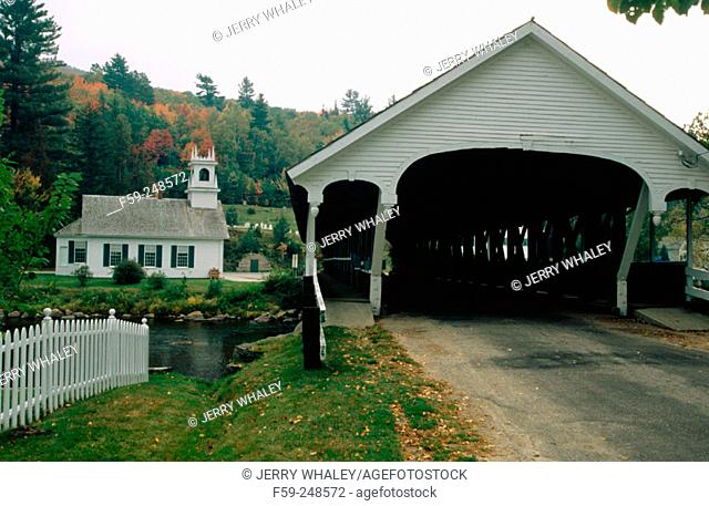 Covered Bridge and Church in Stark. New Hampshire. USA