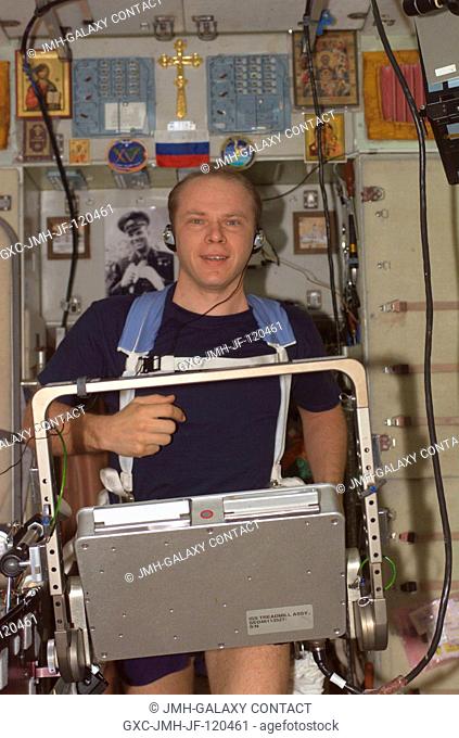 Cosmonaut Oleg V. Kotov, Expedition 15 flight engineer representing Russia's Federal Space Agency, equipped with a bungee harness