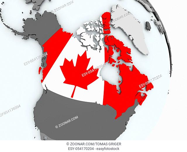 Canada on political globe with embedded flag. 3D illustration