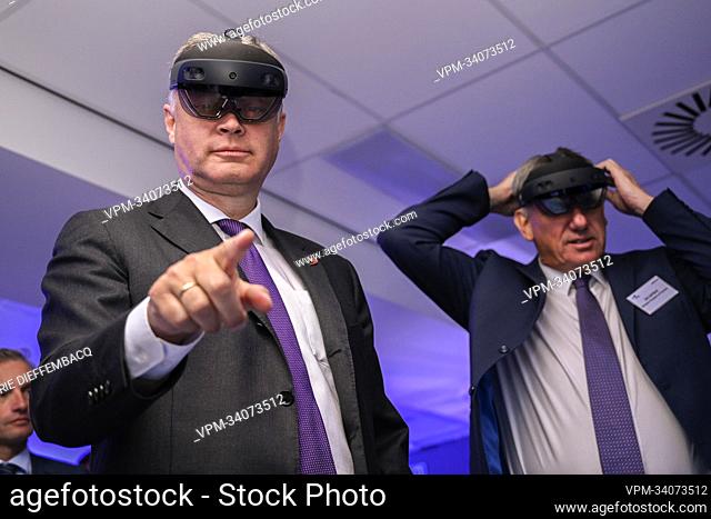 Brussels Airport CEO Arnaud Feist and Flemish Minister President Jan Jambon pictured during a visit to the flight simulators of CAE pilot training center