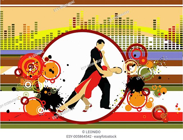 Grunge musical background with dancing pair. Vector illustration