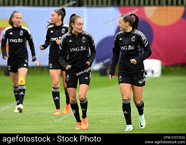 Belgium's Tessa Wullaert and Belgium's Hannah Eurlings pictured in action during a training session of Belgium's national women's soccer team the Red Flames in...