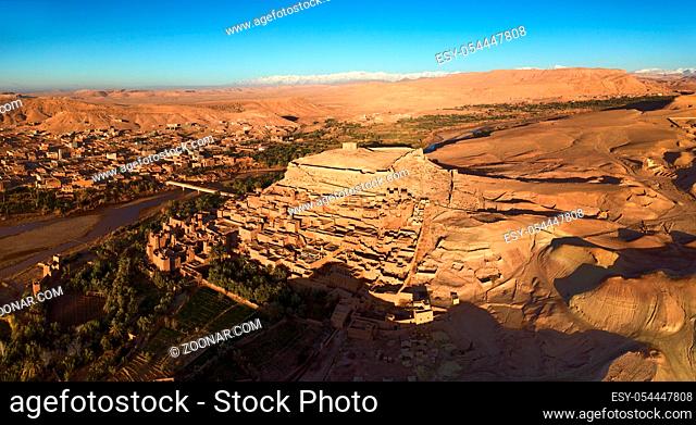 Aerial panorama view on Kasbah Ait Ben Haddou old city in the Atlas Mountains, Morocco