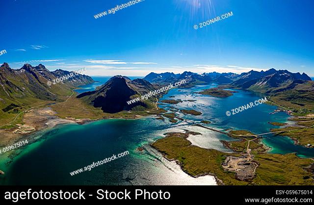 Fredvang Bridges Panorama. Lofoten islands is an archipelago in the county of Nordland, Norway. Is known for a distinctive scenery with dramatic mountains and...