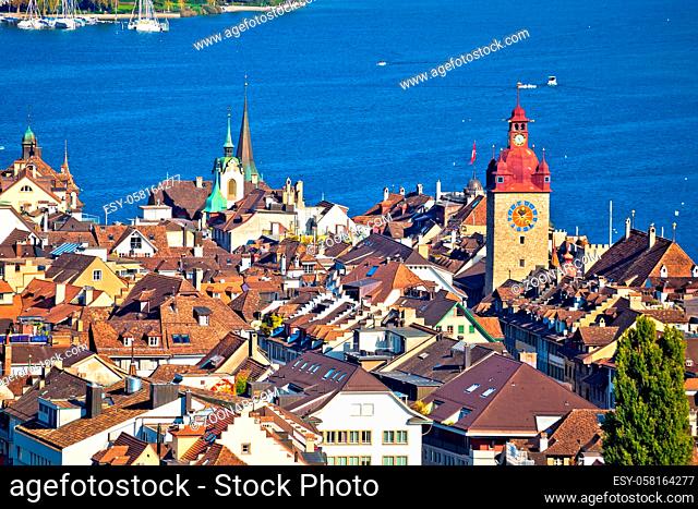 Town of Luzern historic center rooftops and towers view, central Switzerland