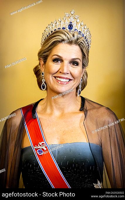 King Harald, Queen Sonja, Crown Prince Haakon and Crown Princess Mette-Marit host an official state banquet for King Willem-Alexander and Queen Maxima of The...