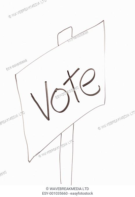 Drawn angled sign with the word vote written on it on a white background