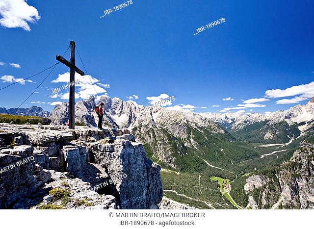Summit cross, Mt Monte Piano in Hochpustertal, Alta Pusteria valley, Dolomites mountain range, South Tyrol, Italy, Europe