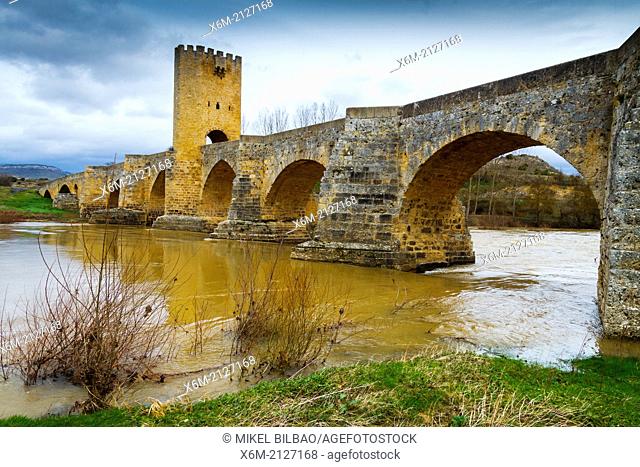 Medieval bridge and Ebro river. Frias, Burgos, Castile and Leon. Spain, Europe
