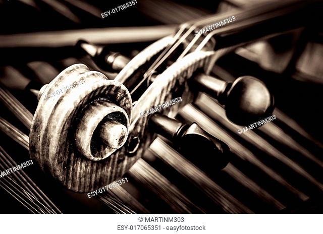 Close-up detail of violin head with string background