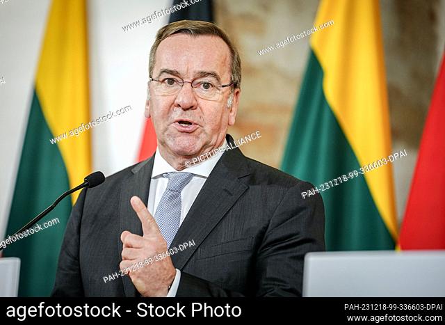 18 December 2023, Lithuania, Vilnius: Boris Pistorius (SPD), Federal Minister of Defense, gives a press conference after signing the roadmap for the permanent...