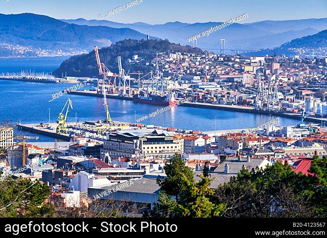 Puerto y Ria de Vigo, View from Parque Monte do Castro, Vigo, Pontevedra, Galicia, Spain. Puerto y Ria de Vigo, which literally translates to Port and River of...