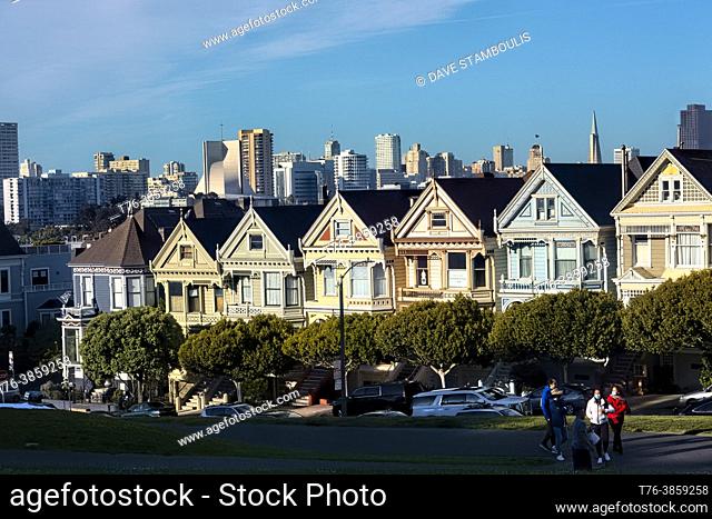 The famous â. œPainted Ladiesâ. . Victorian postcard row homes, San Francisco, California, U. S. A