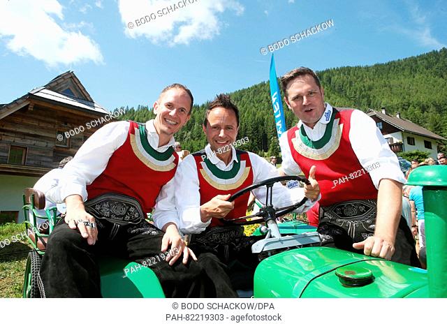 Austrian band 'Die jungen Zillertaler' posing during the artist meeting as part of the open air event 'Wenn die Musi spielt' ('When the music is playing') in...