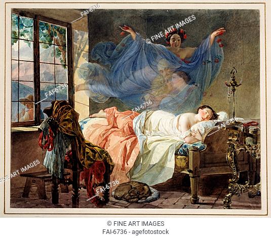 Dreams of a Young Girl at Daybreak. Briullov, Karl Pavlovich (1799-1852). Watercolour on cardboard. Romanticism. 1830-1833. State A