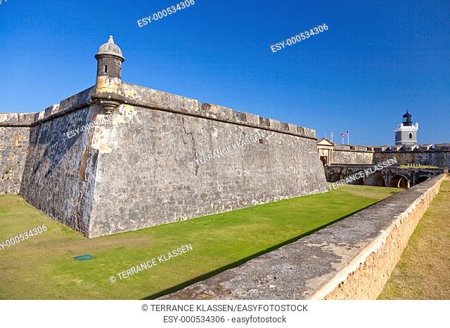 The moat and walls of the San Felipe del Morro Castle in San Juan, Puerto Rico, West Indies