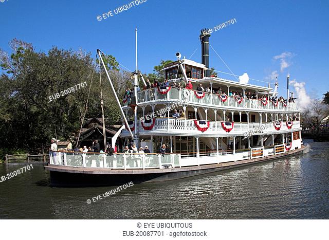 Walt Disney World Resort. Liberty Belle Paddle Steamer, Liberty Square Riverboat on a lake in the Magic Kingdom